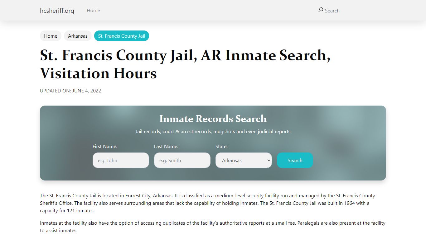 St. Francis County Jail, AR Inmate Search, Visitation Hours